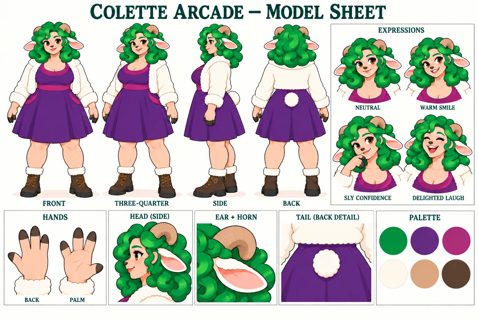 Colette model sheet testing consistent green curls, lamb ears and horns, body proportions, hands, tail, expressions, and palette across multiple views.