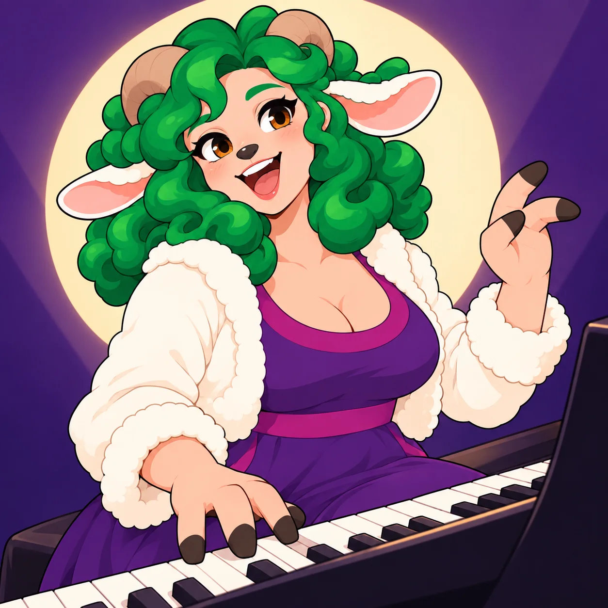 Colette sings at a piano while retaining the green curls, lamb ears and horns, violet dress, shearling jacket, pendant, and softly full-bodied proportions established in her model sheet.