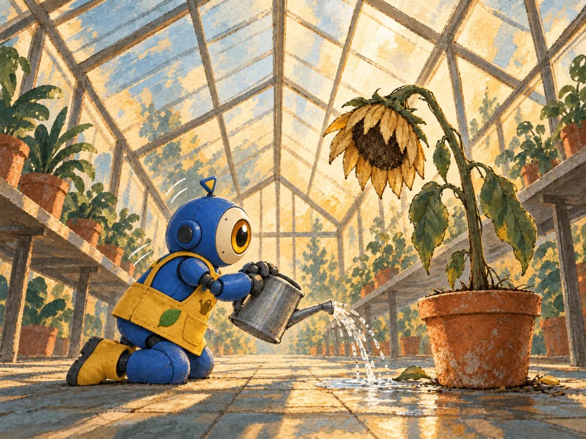 Blue garden robot Sprig kneels beside a wilted sunflower. Water from the can misses the pot and splashes onto the greenhouse floor.