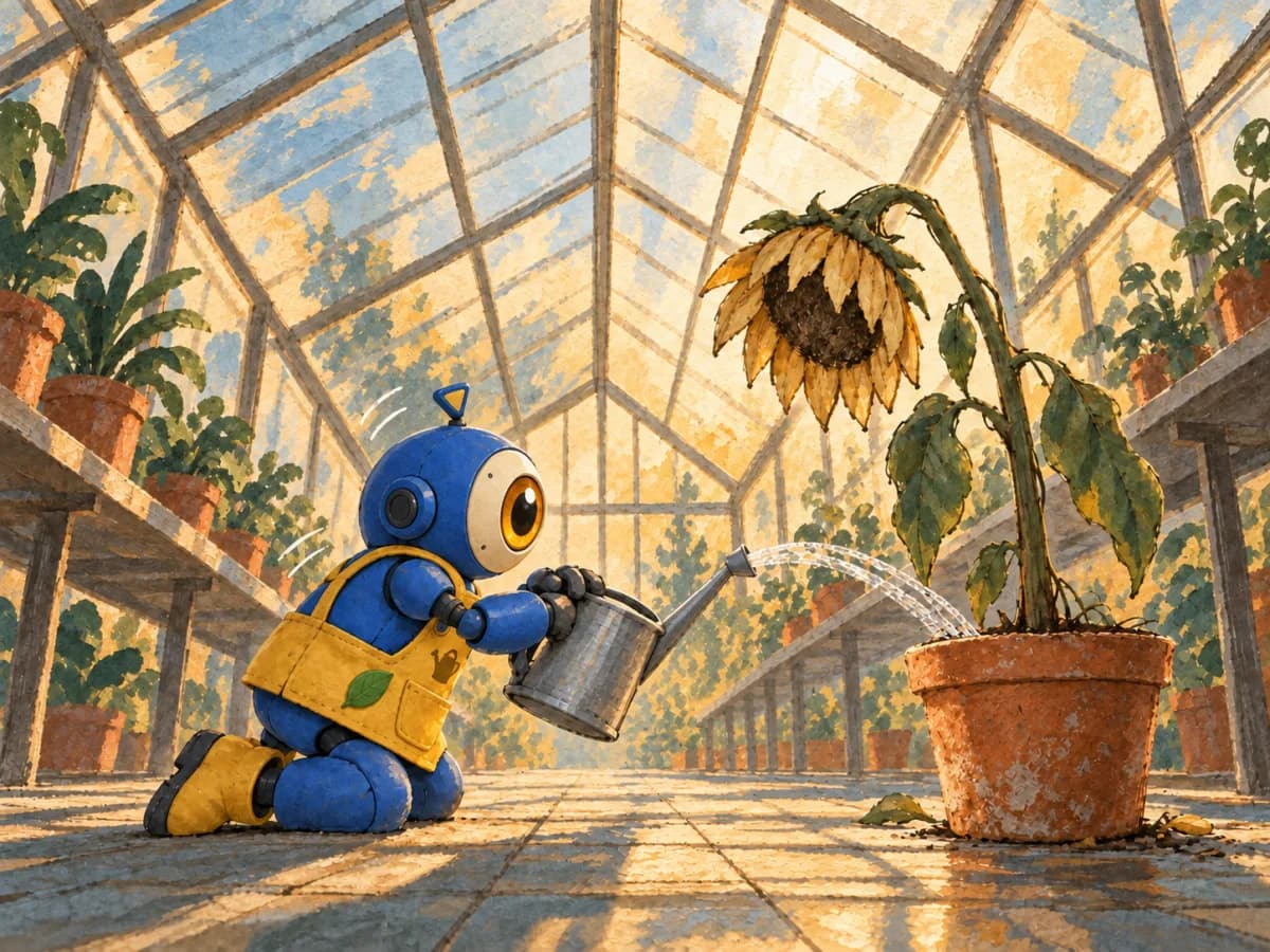 The original blue robot, wilted sunflower, low greenhouse view, and painted style remain while the water now lands inside the pot.