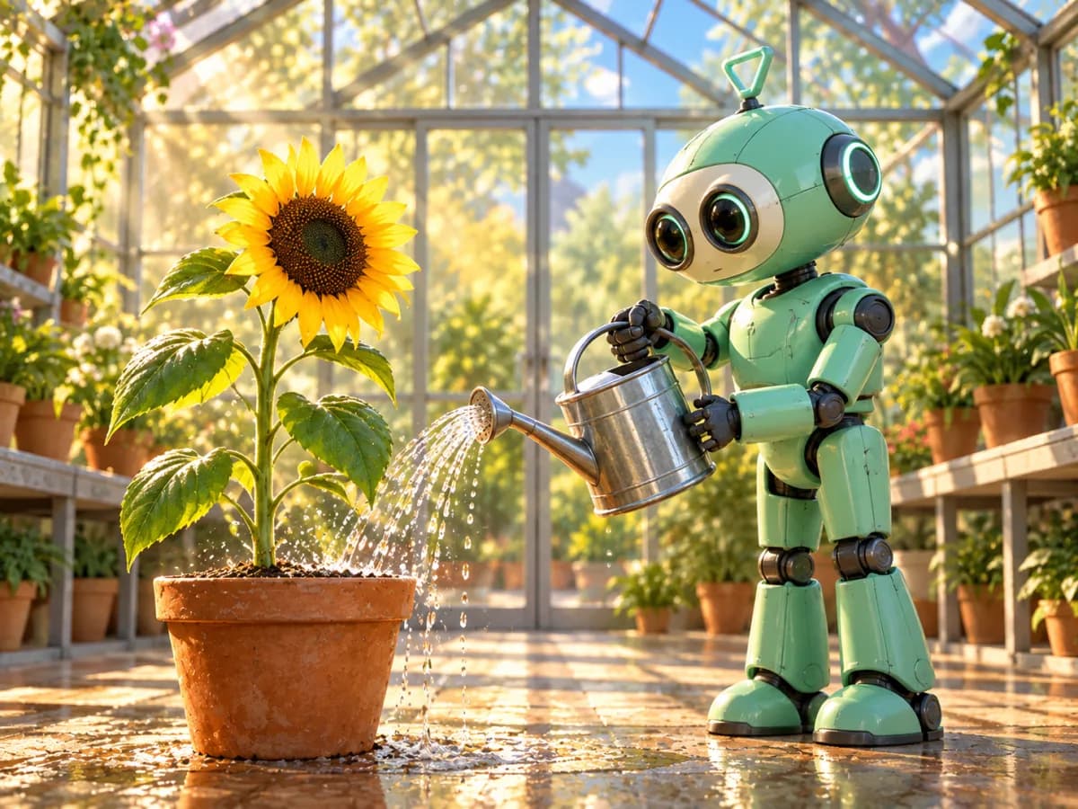 A tall mint-green robot stands beside a healthy sunflower in a glossy greenhouse, replacing Sprig, the wilted flower, the low camera, and the painted style.