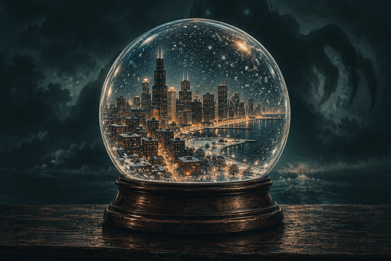 Chicago’s illuminated skyline inside a snow globe, an illustration of the campaign’s central reveal.