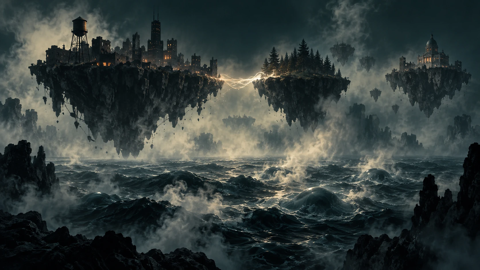 Disconnected reality-islands float above a luminous, bubbling sea of fog. A water tower and a forest stand on separate fragments; a narrow passage briefly connects distant worlds.