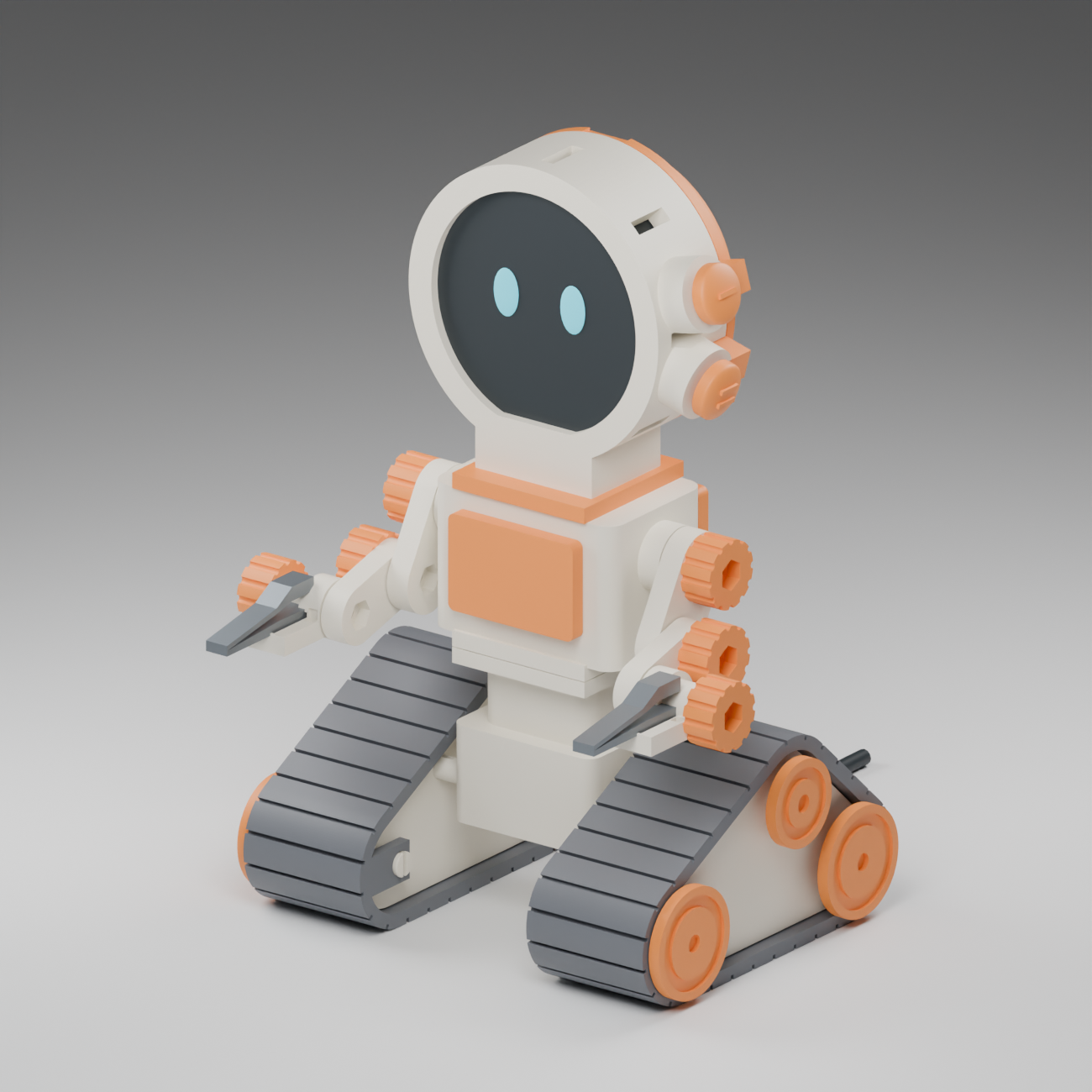 A 3D render of Little Buddy, a white and orange robot with a round face, blue eyes, arms, and tank tracks.