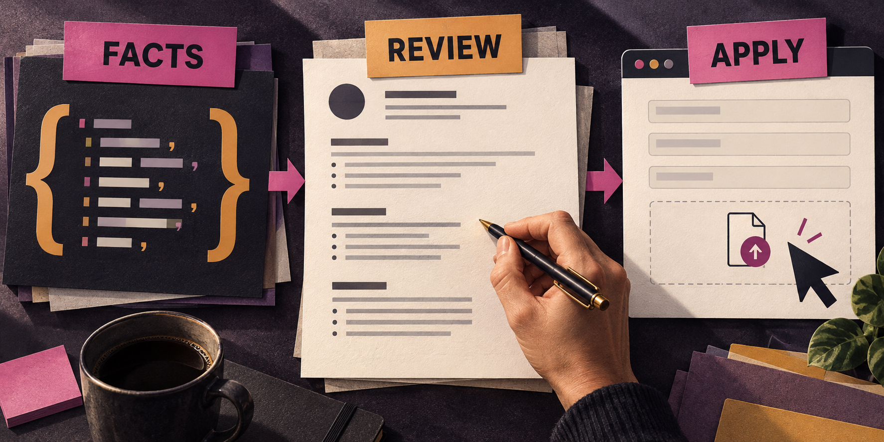 Paper collage labelled Facts, Review, and Apply: structured data, a résumé under human review, and an employer upload form.